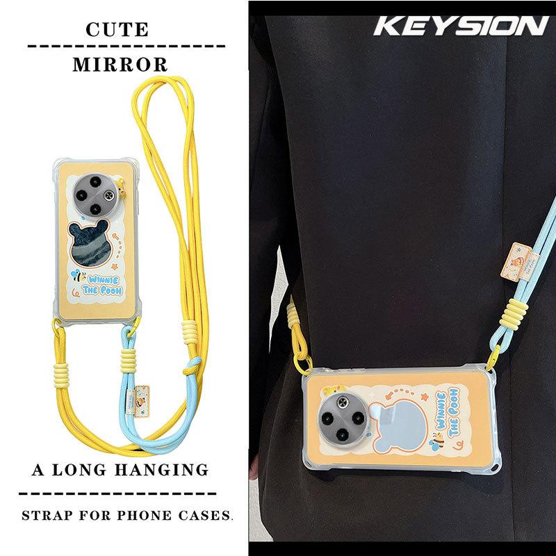 KEYSION Crossbody Strap Phone Case for TECNO Spark 30C Shockproof Cute Cartoon Long Lanyard Mirror Shockproof Cover for Tecno Spark 30C 4G