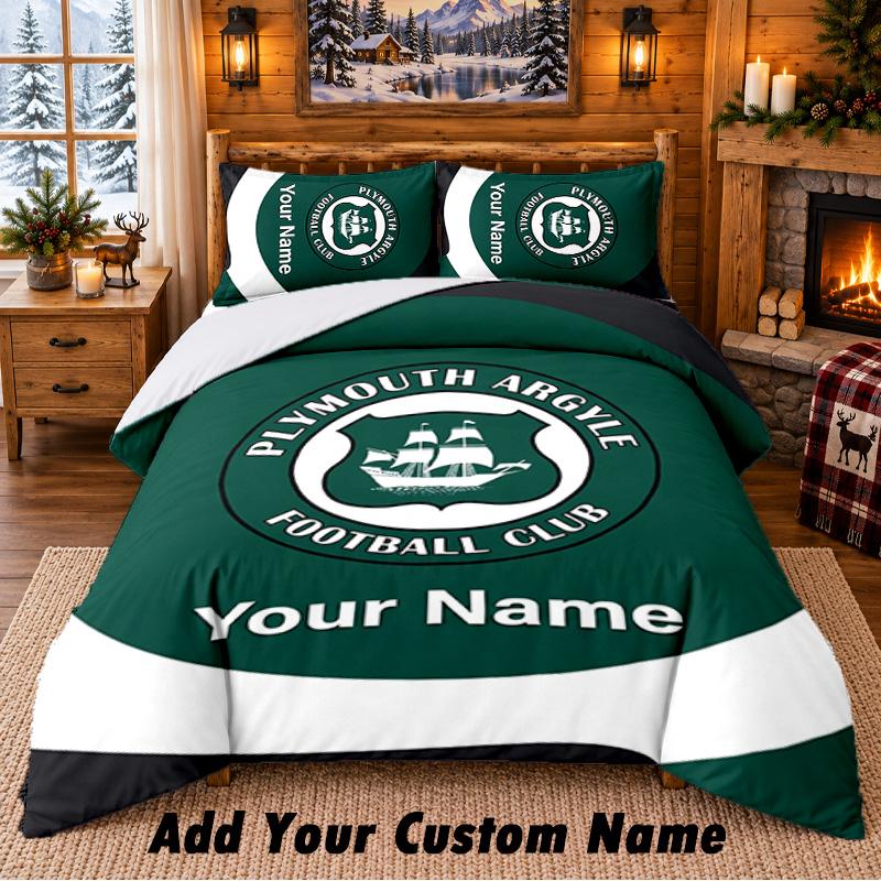 Plymouth Argyle FC Pattern Bedding 3Pcs Set Custom Name, Bed Sheet And Pillowcases For Home Bedroom