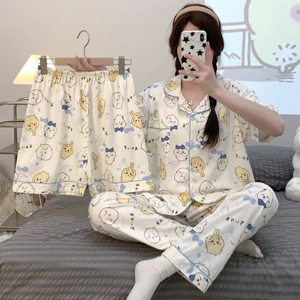 Chiikawa Pajamas Three-piece Set Summer Women's Short-sleeved Trousers Cute Usaki Small Eight Loungewear Spring and Autumn
