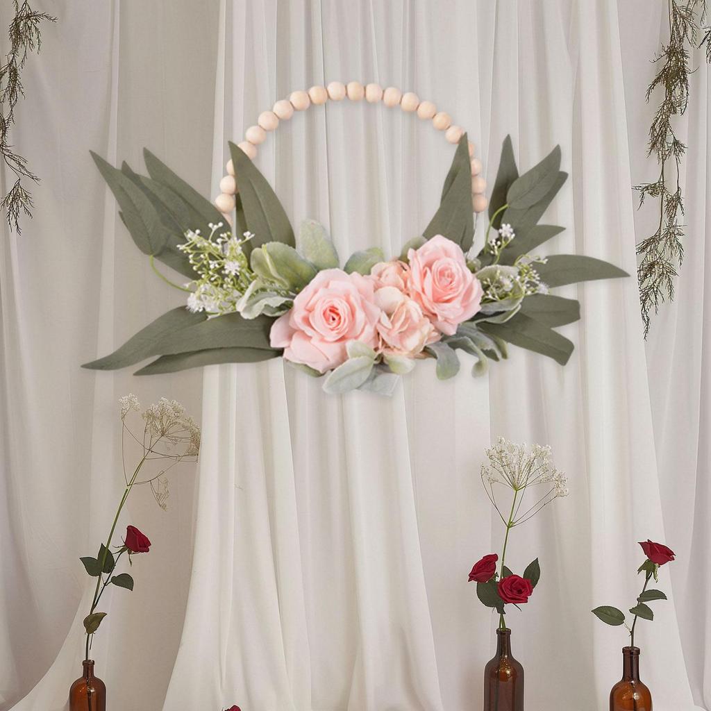 Wood Bead Floral Wreath Remembrance Gift Party Supplies Front Door Floral Hoop for Wedding Farmhouse Garden Indoor Outdoor