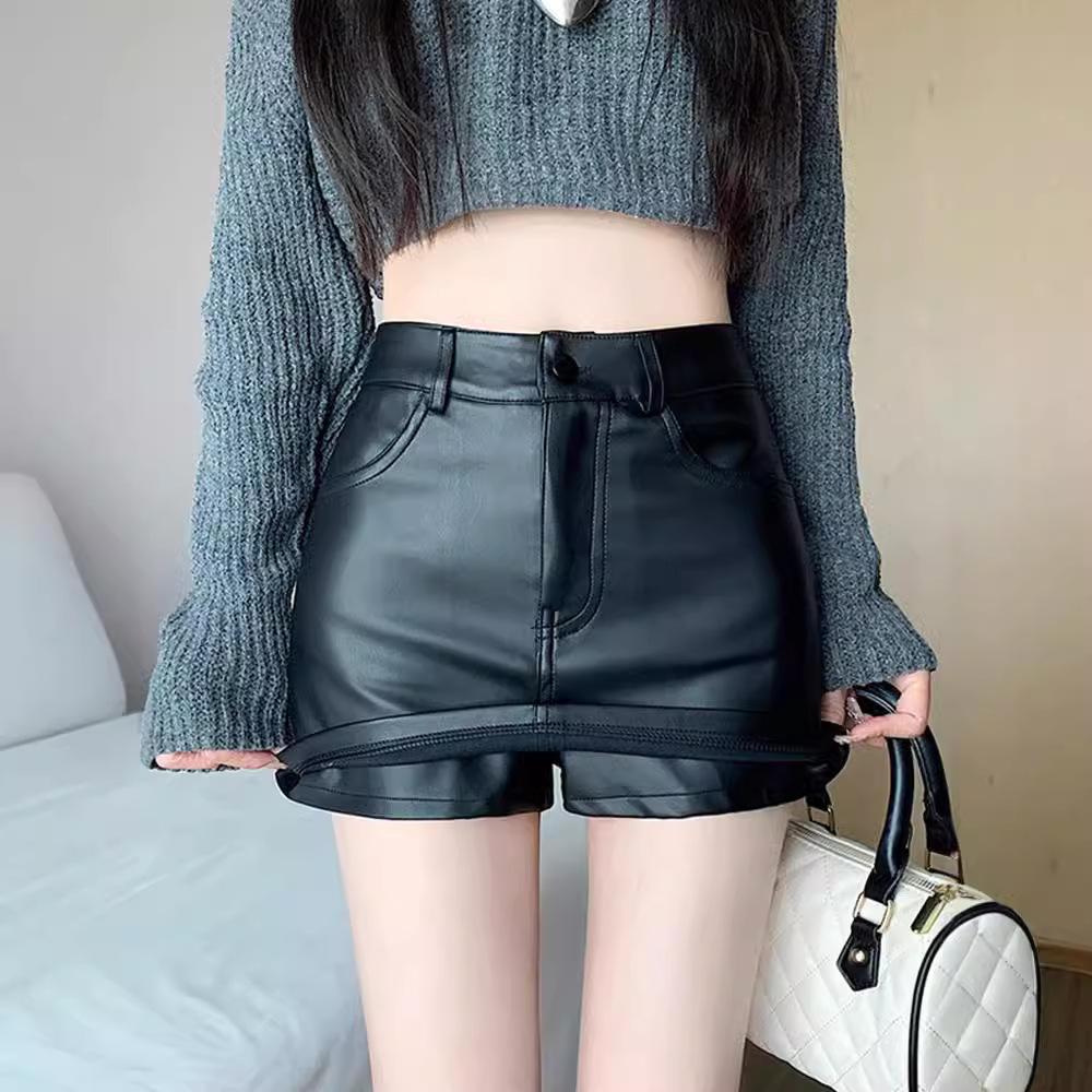 Women's Fall Winter Black A-Line Bodycon Skirt Pants High Waisted Slimming PU Leather Shorts Mini Shorts Versatile Slim Fit Hot Pants