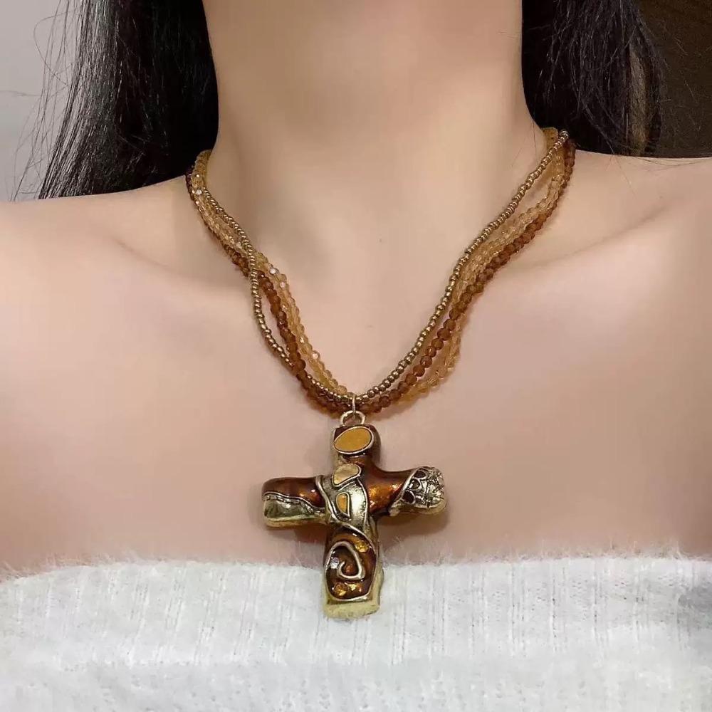 Metal Pendant Beaded Chain Necklace Multicolor Sweater Necklace Gothic Cross Necklace Women