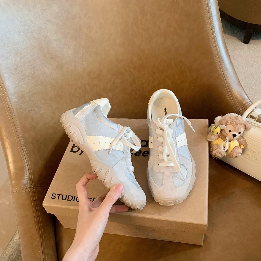 Blue cabinet, inner height increase~ 2025 spring and summer new invisible pull-leg splicing round head lace-up casual Forrest Gump training shoes