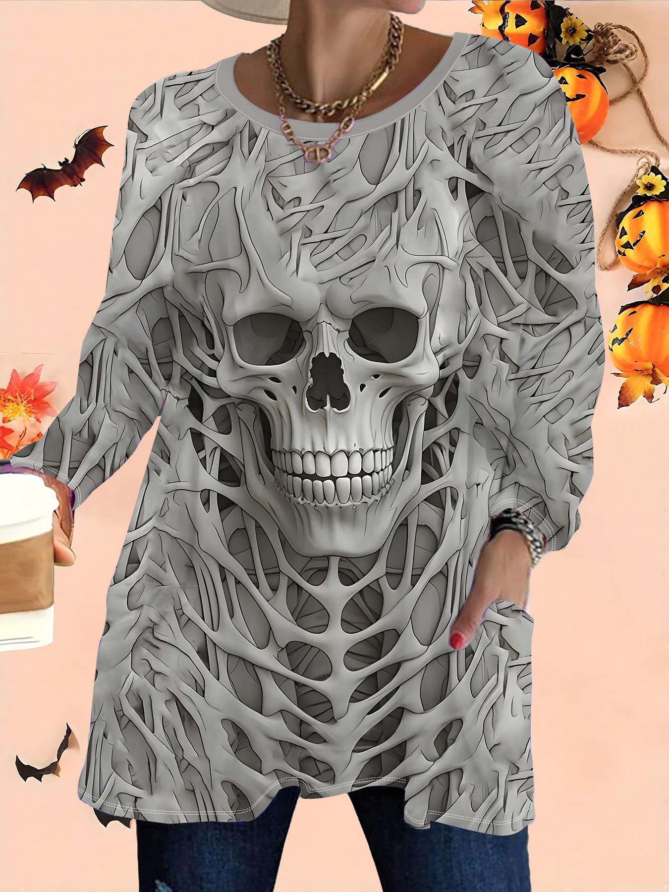 

2025 Осень Зима Новые Женские Топы Большого Размера, Модные Футболки с 3D-принтом на Хэллоуин с Круглым Вырезом и Длинным Рукавом 6XL белый
