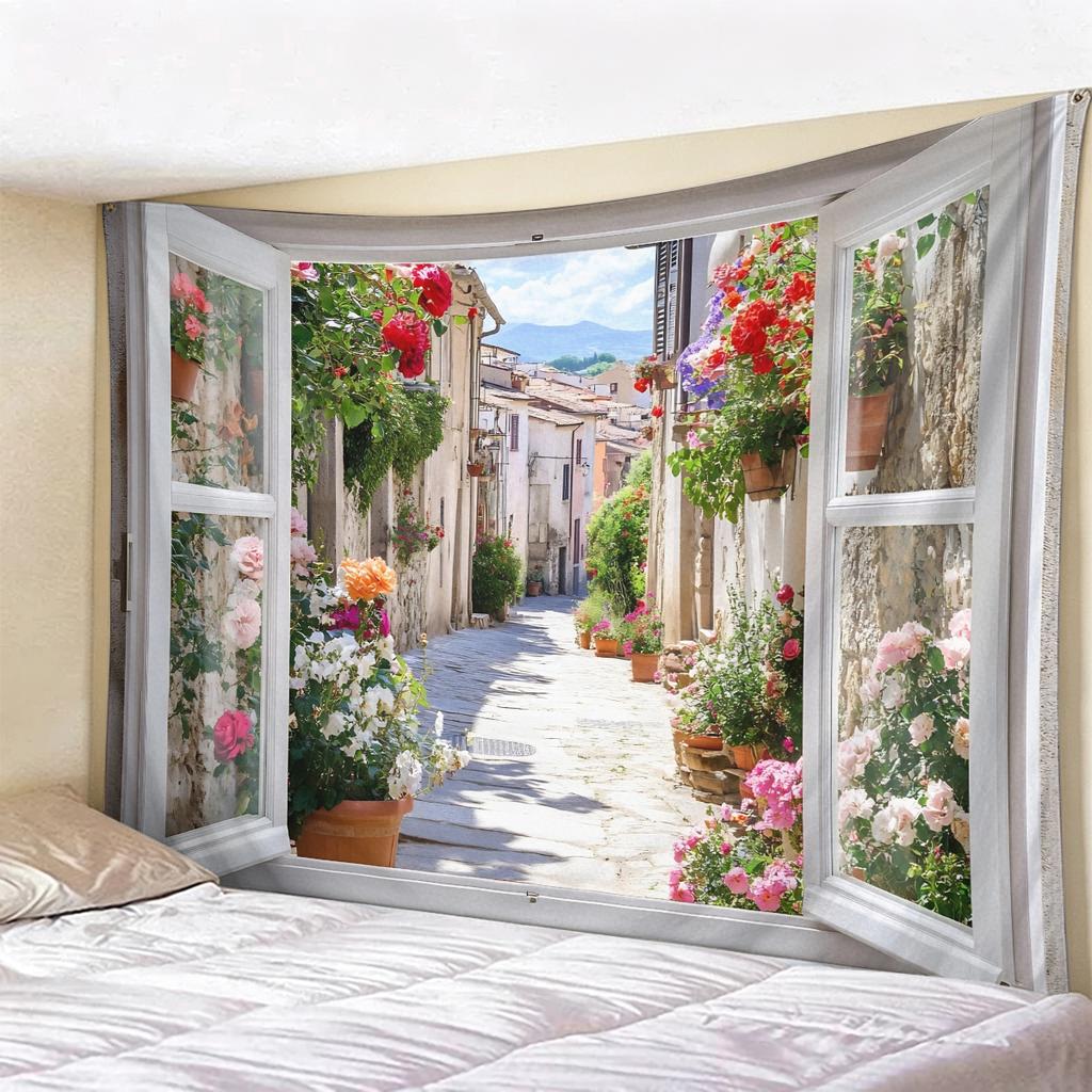 Window View Tapestry Wall Hanging, Scenic Nature Landscape Backdrop, Artificial Window Wall Decor for Bedroom Living Room
