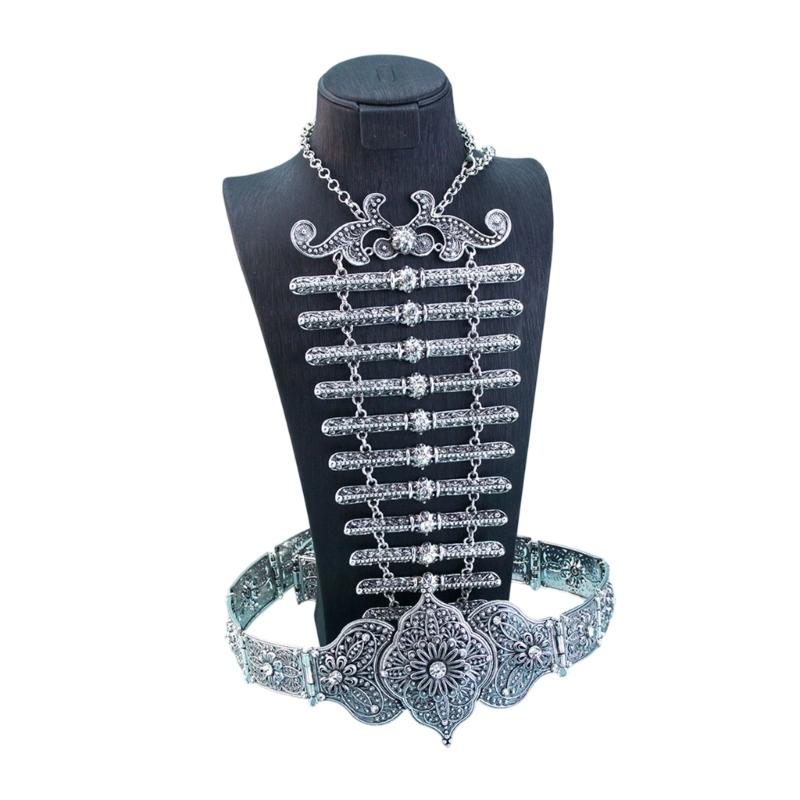 Waist Belt and Chest Jewelry Set for Women, Ornate Filigree Zinc Alloy Costume Accessories for Stage and Ceremony