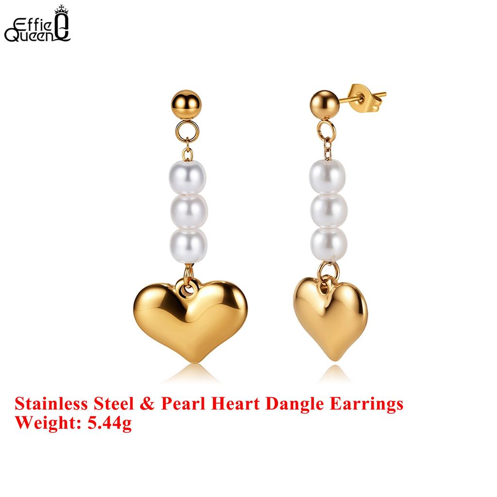 Effie Queen Stainless Steel 18k Gold Heart Style Pearl Drop Earrings Romantic Jewelry for Women Wedding Party Casual Gift STPE01