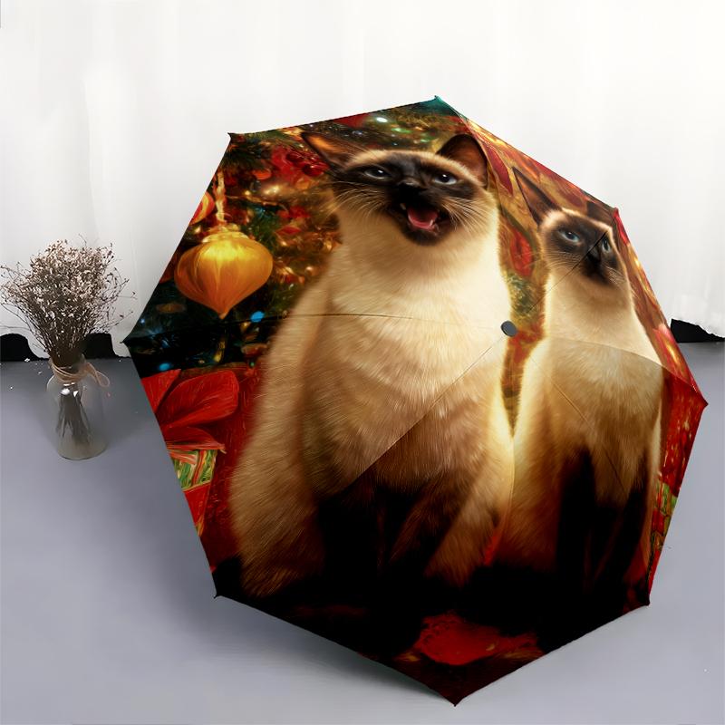 Two Siamese Cats pattern, automatic folding umbrella, portable and foldable design, 8 ribs, a Christmas or birthday gift.