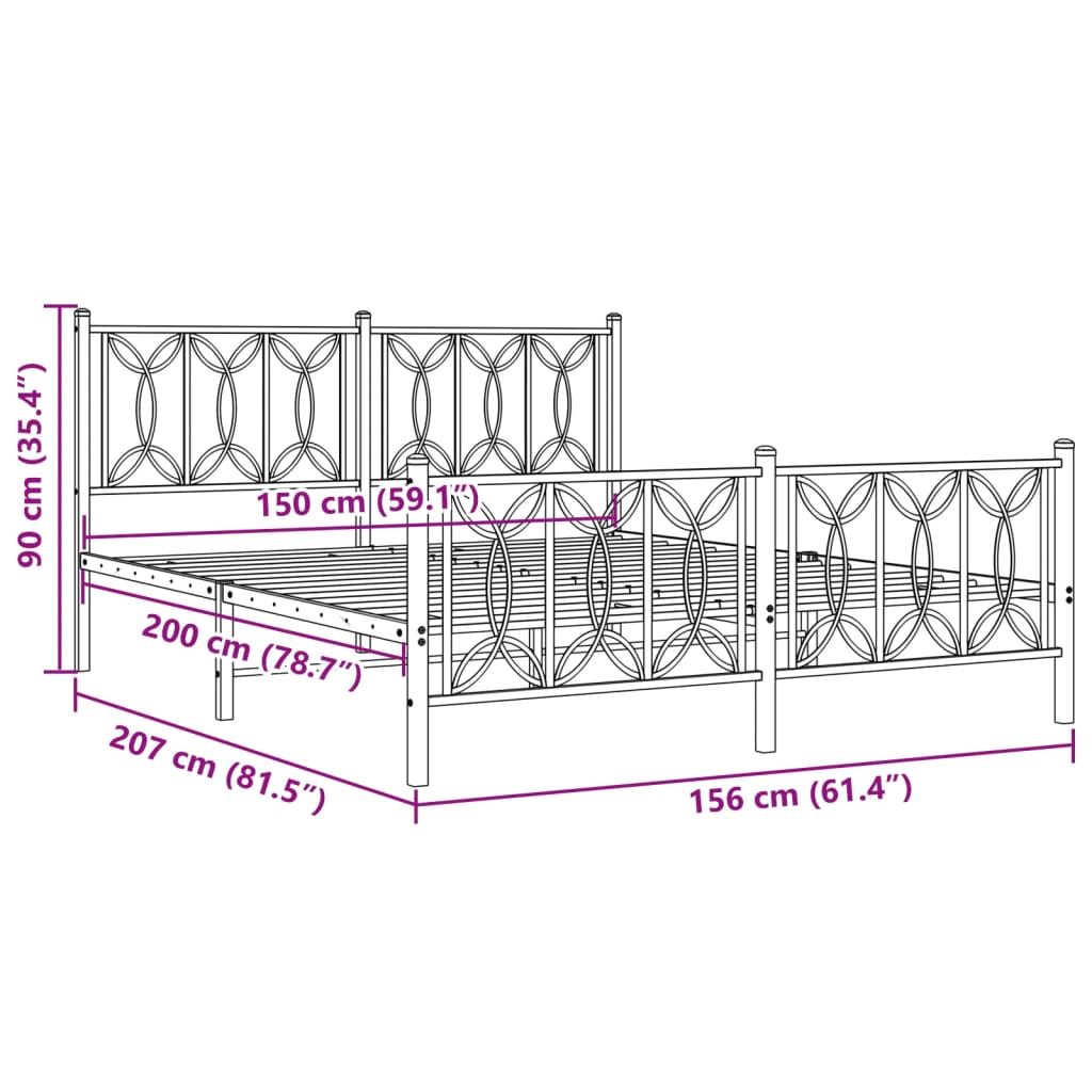 Metal Bed Frame with Headboard and Footboard Black 150 X 200 Cm