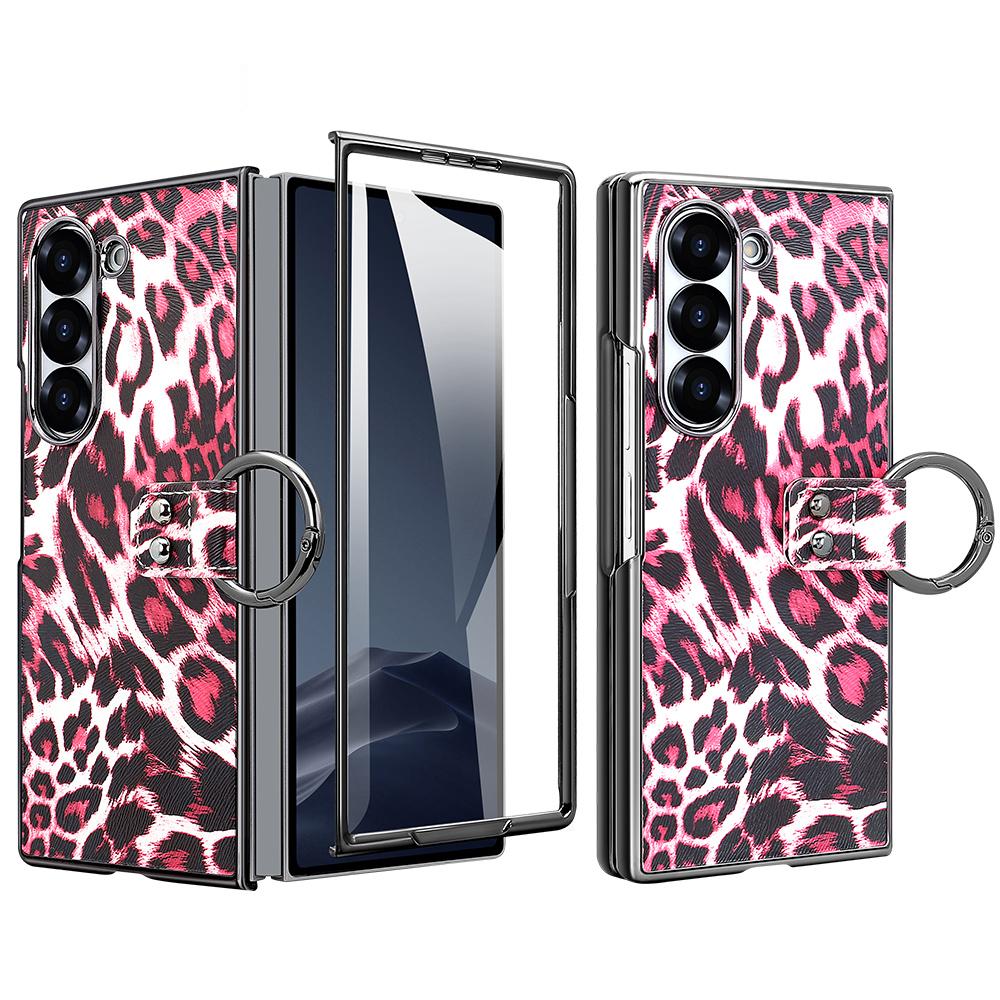 For Samsung Galaxy Z Fold6 5G Case Leopard Pattern PU PC Phone Cover with Tempered Glass Film/Ring Holder