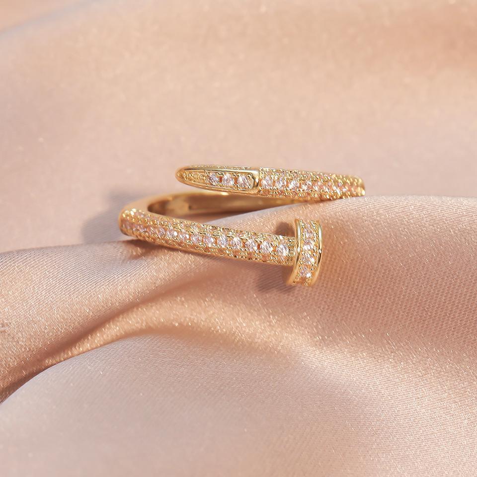 14K Real Gold Plating AAA+ Zircon Simple Snake Shaped Nail Open Ring Elegant Women Daily Workday Ring Party Jewelry