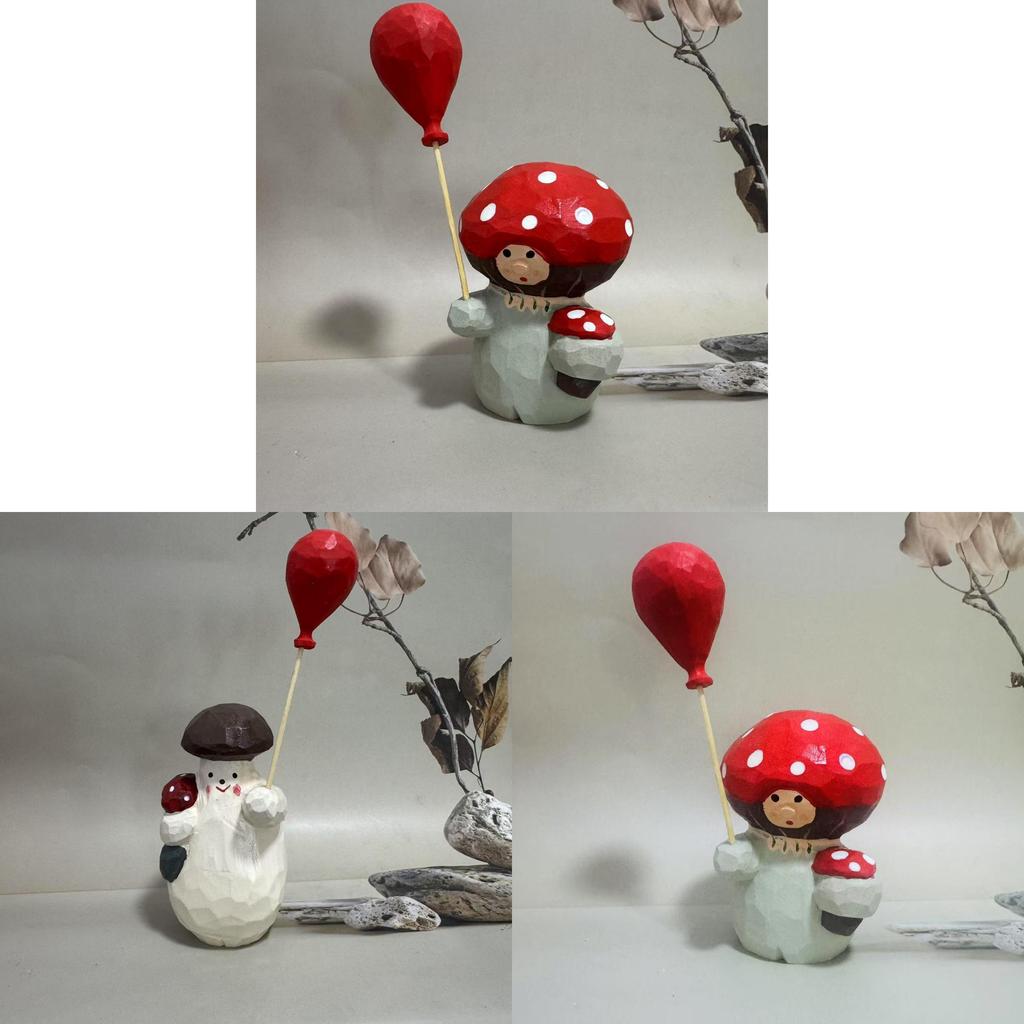 Wooden Mushroom Figurine With Balloons Handmade Home Decor Gift For Friends And Celebrations