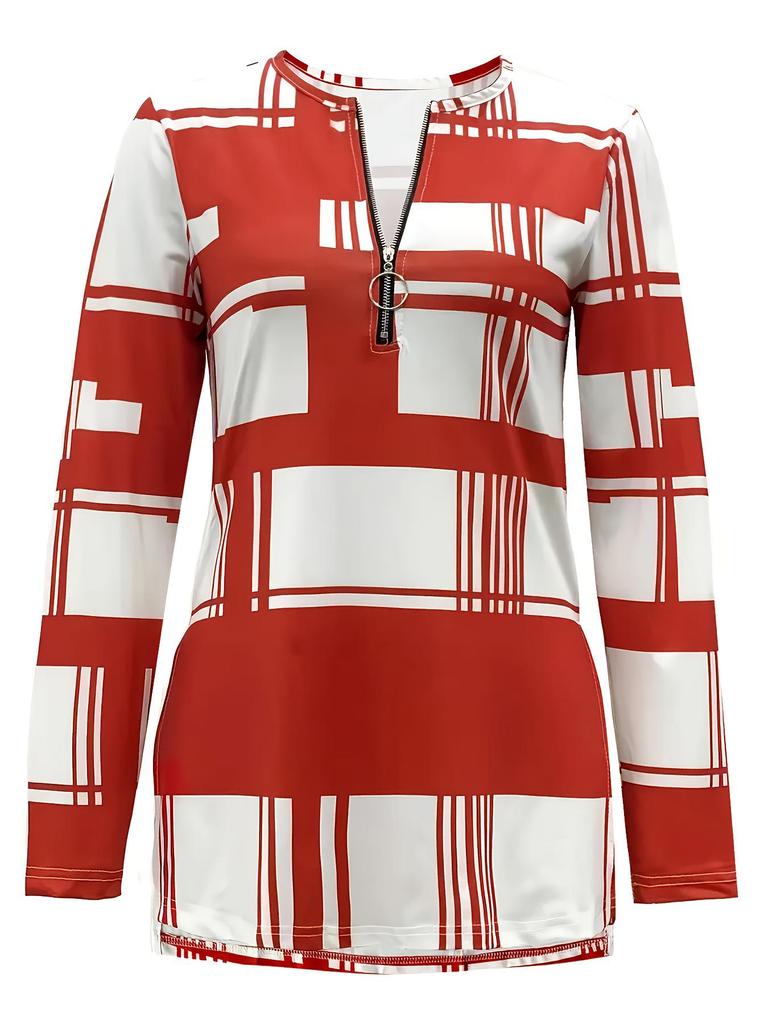 2025 Plus Size Women's Color Block Long Sleeve Zipper Shirt with Digital Print