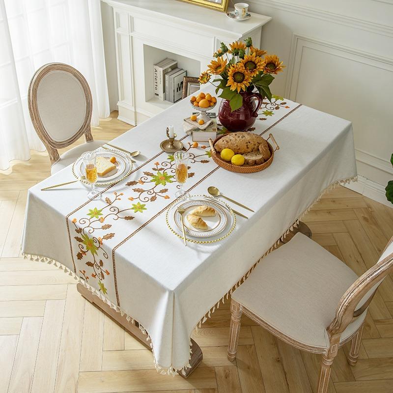 Modern Minimalist Thick Cotton Linen Jacquard Embroidery Tablecloth Rectangular Fringe Tea Table Cover Floral Luxury Style 90*90cm
