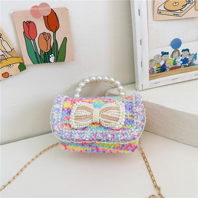Colorful Sequin Kids Bag With Bowknot Stylish Pearl Handle Mini Crossbody Bag