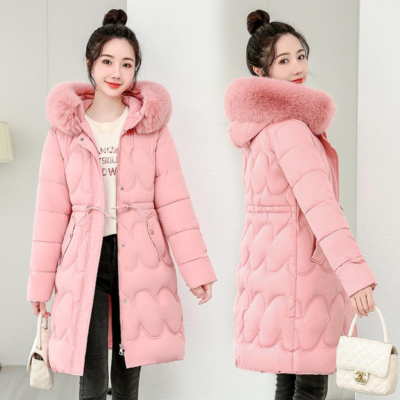 

Lightweight Fluffy Hooded Fur Collar To Keep Warm Against the Cold Loose Mid-length High Quality Fabric Jacket Cotton Coat Coat M розовый
