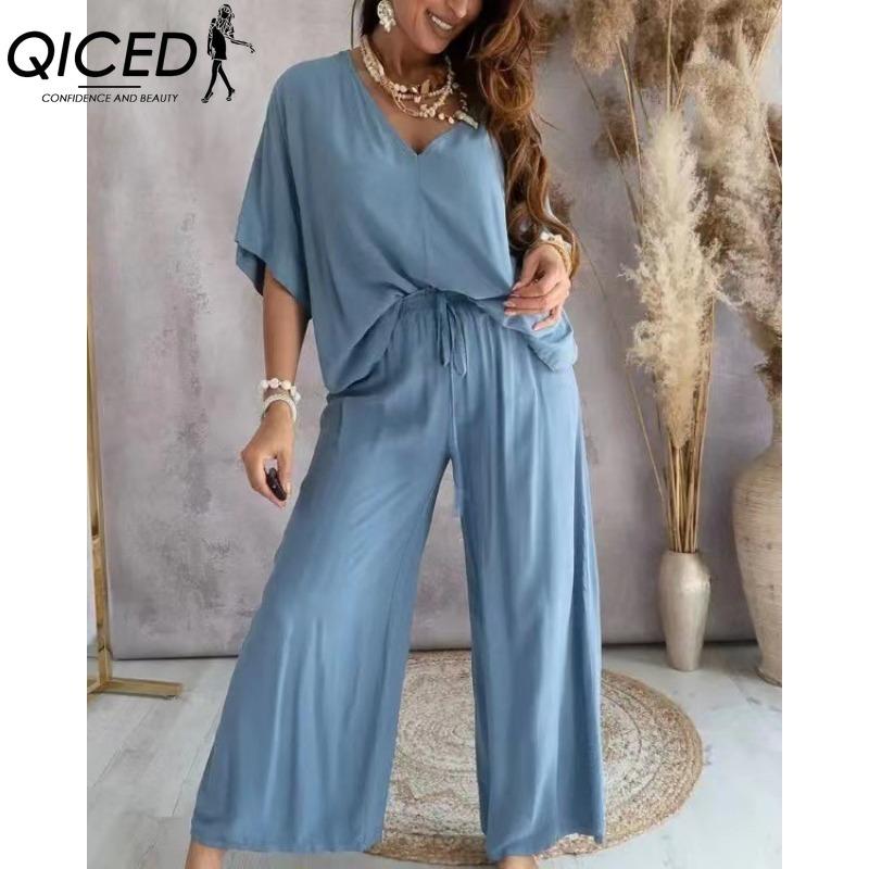 

QICED Женский комплект с V-образным вырезом, рукавами летучая мышь, повседневный, свободный, с широкими брюками XL светло-синий