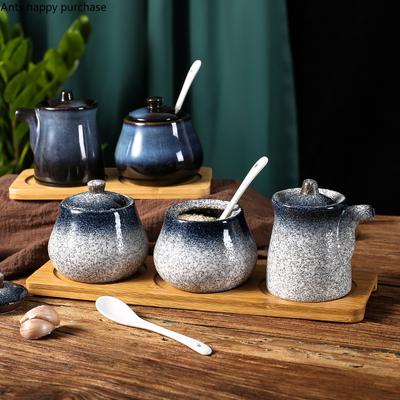 Récipient à Épices en Céramique Set de Pots à Assaisonnements Palettes en Bois Salière Huilier Pot à Vinaigre Pot à Épices Boîte à Assaisonnements Organisateur d'Épices