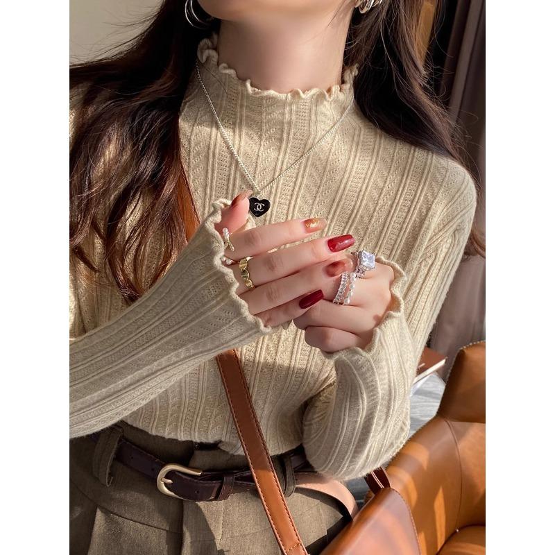 

White semi-turtleneck sweater bottoming shirt women s new design fungus edge knitted sweater top One size [recommended 80-60kg]