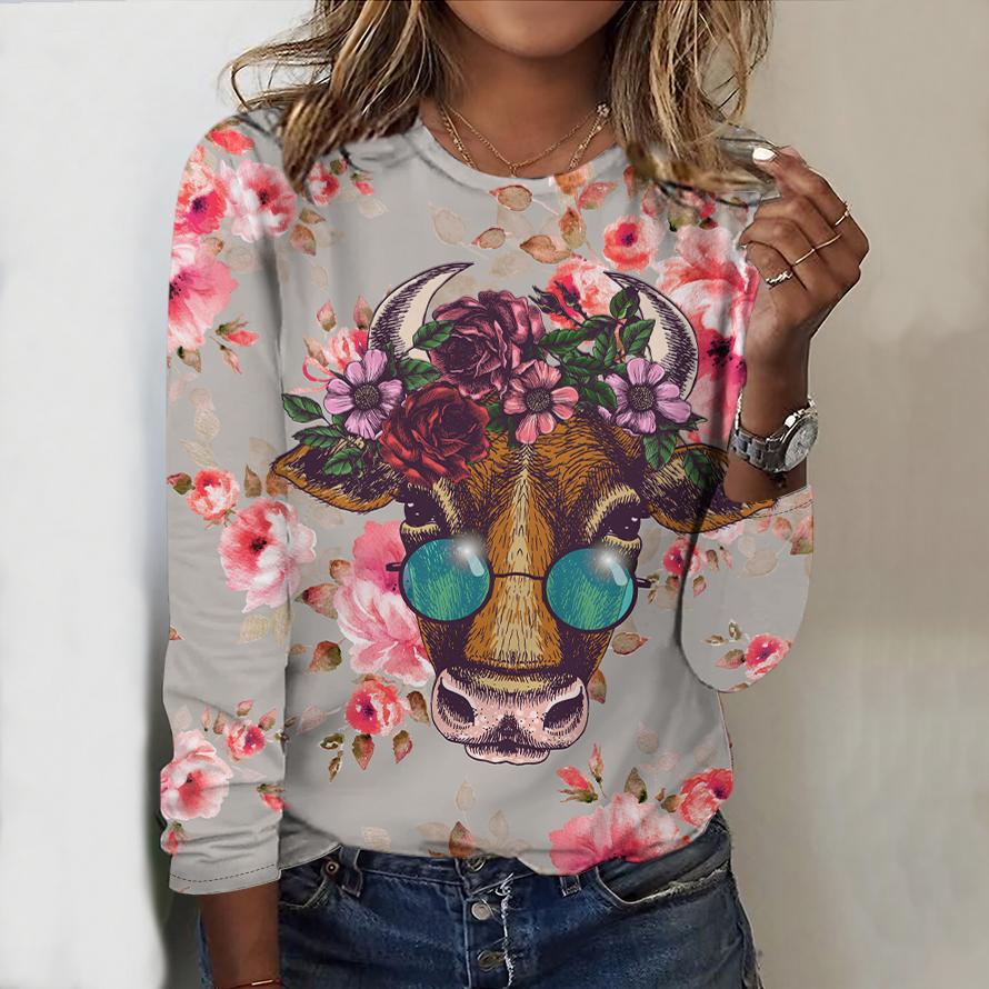 Tops For Spring&Autumn Hummingbird&Elephant&Peacock Print Round Neck Long Sleeve T-shirt Fall Casual Slim Pullover Women's Long Sleeve Top