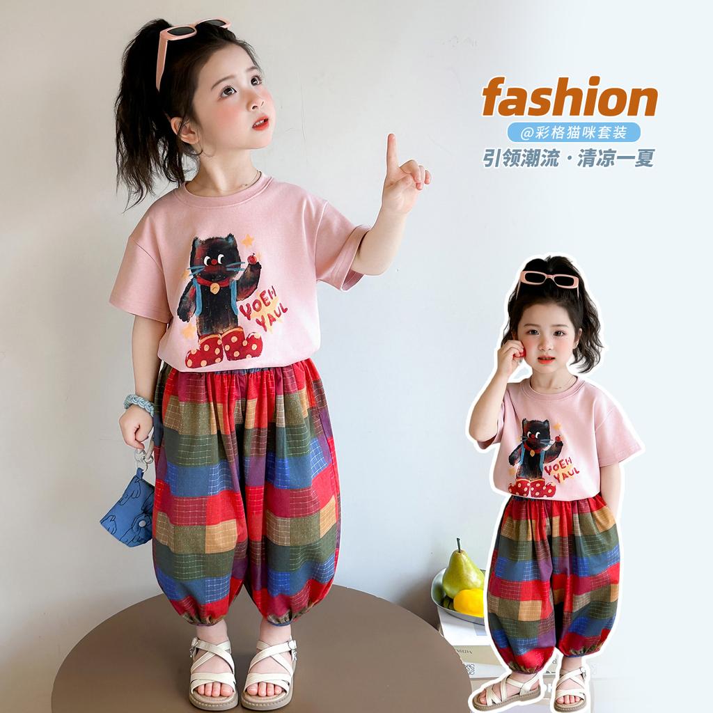 Girls' and Children's Western Style Set Summer 2026 New Children's Cat Short Sleeved Summer Dress Baby Casual Loose Two Piece Set