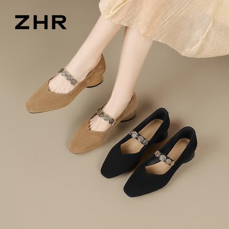 ZHR Women's Hepburn Style Velvet Mary Jane Chunky Heel Pumps