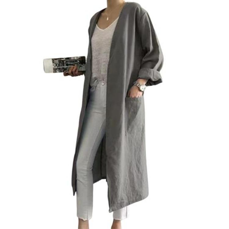 

Летний женский длинный тренч из хлопка с V-образным вырезом, кардиган, защита от солнца, куртка с длинным рукавом, повседневная верхняя одежда, халат L серый