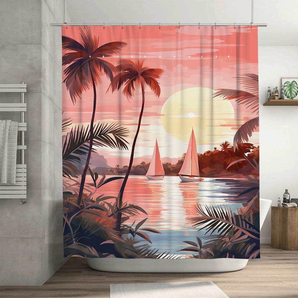 Sunset Palm Tree Sailboat Shower Curtainpink And Coral Decorative Shower Curtains For Bathrooms Modern Home Decoration Accessori