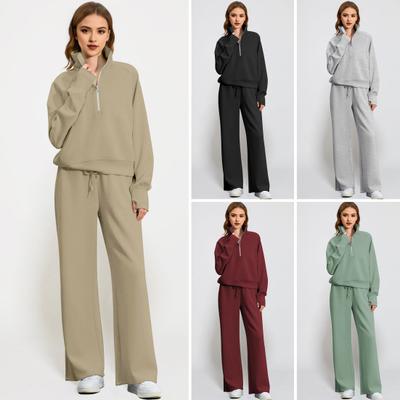 2 Pcs/Set Women Top Pants Set Half Zipper Turn-down Collar Long Sleeves Sweatshirt Elastic Waist Wide Leg Sweatpants Sport Outfit Casual Tracksuit