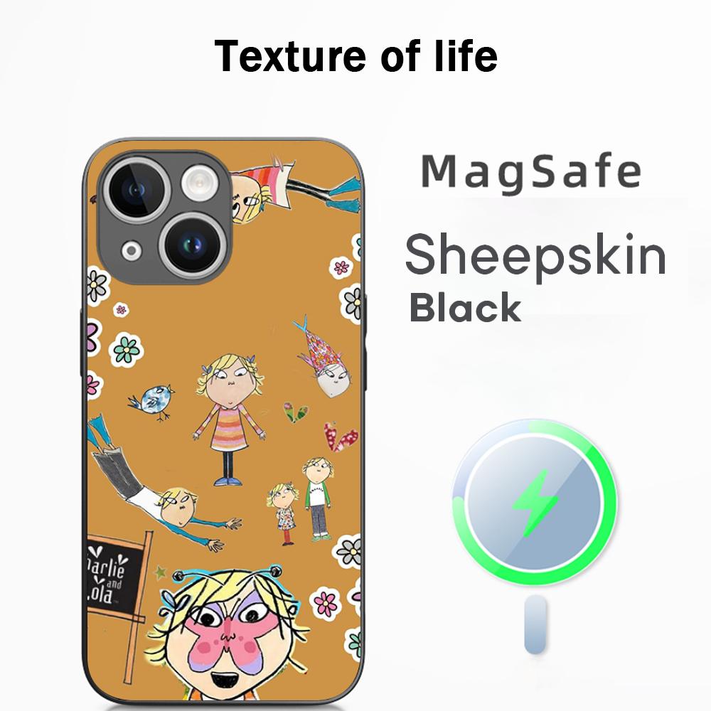 Charlie lola cartoon cute pattern desgin Phone Case For iPhone 16 15 14 13 12 11 Plus Pro Max  High-end Luxury Magsafe Sheepskin