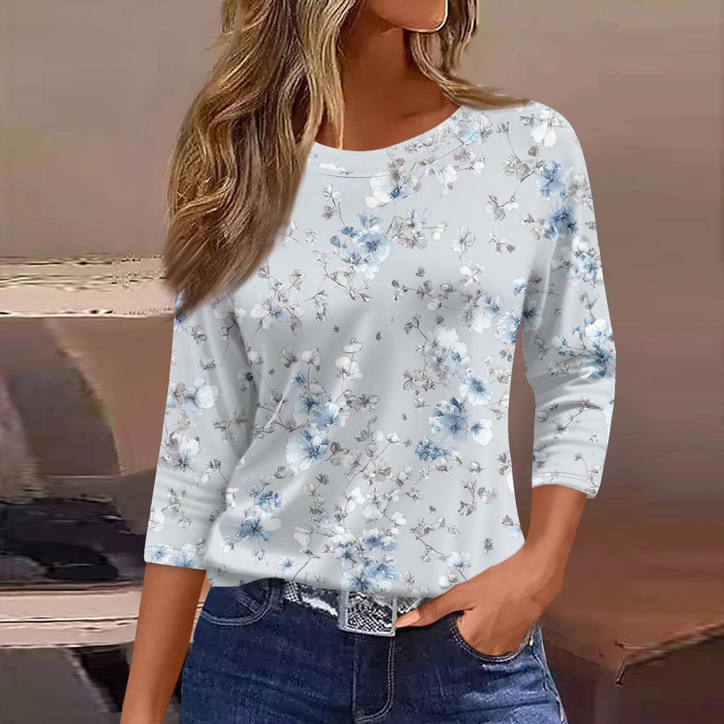 Women's Three-Quarter Sleeve Shirt, Round Neck, Loose Fit, Casual Shirt, Floral Print T-Shirt, Summer