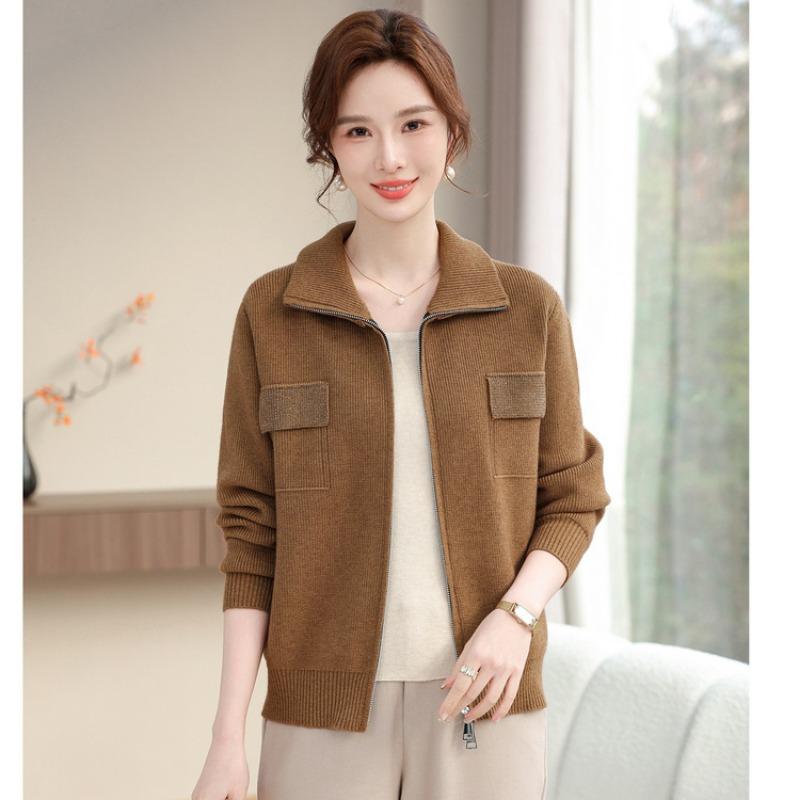 Middle-aged and old women's lapel-neck knitted sweater cardigan women's new mother spring and autumn fashion coat