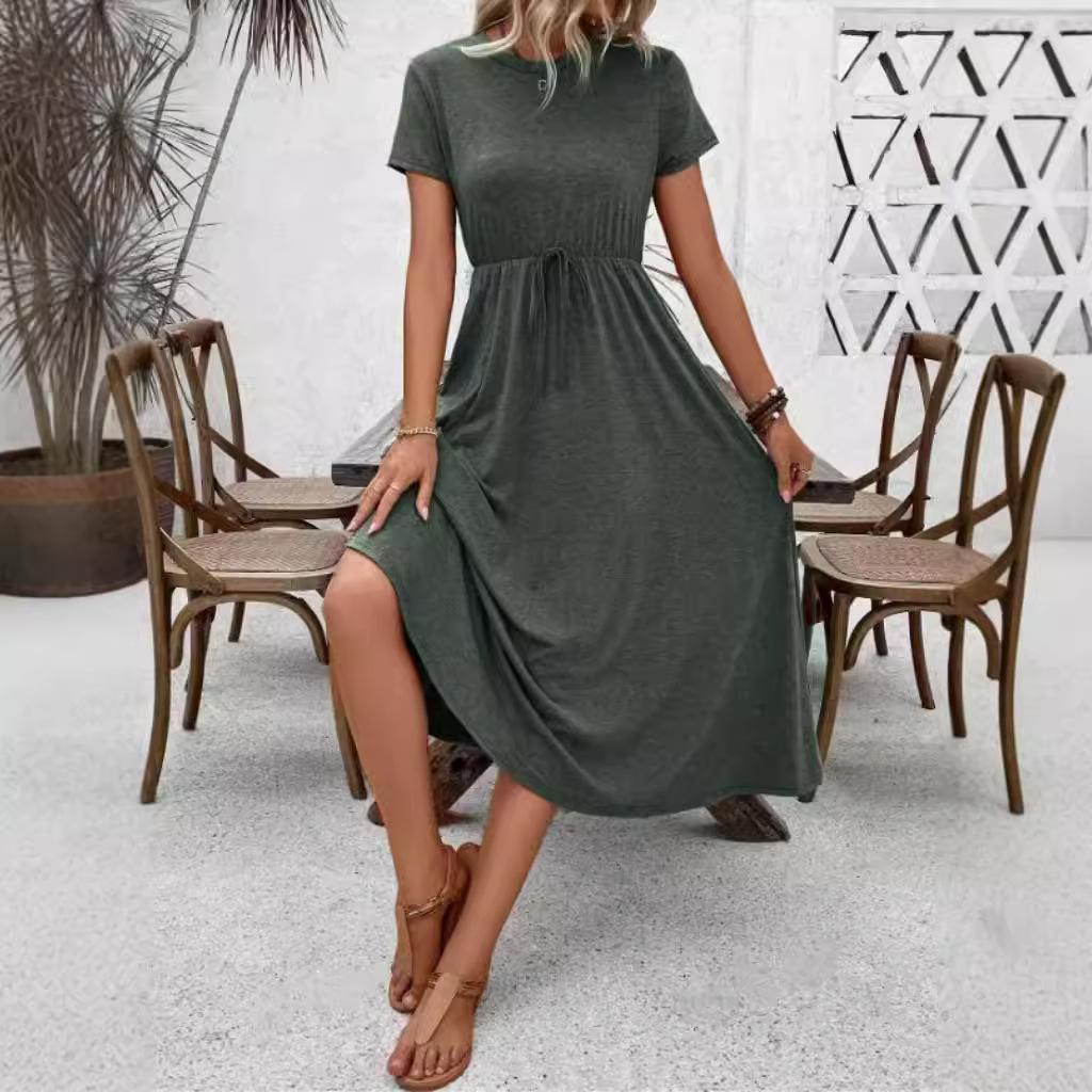 Round Neck Dress Women's Summer Solid Colour Short Sleeve Plus Size Dresses