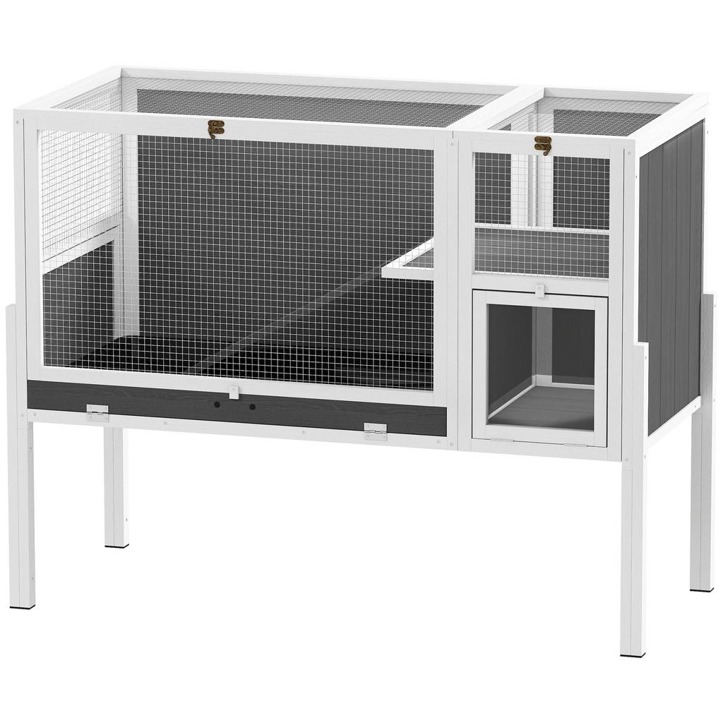 Small Animal Hutch for Dwarf Hamsters, Rabbits, Guinea Pigs, with Accessories, Elevated Design, Wood, Metal, Grey
