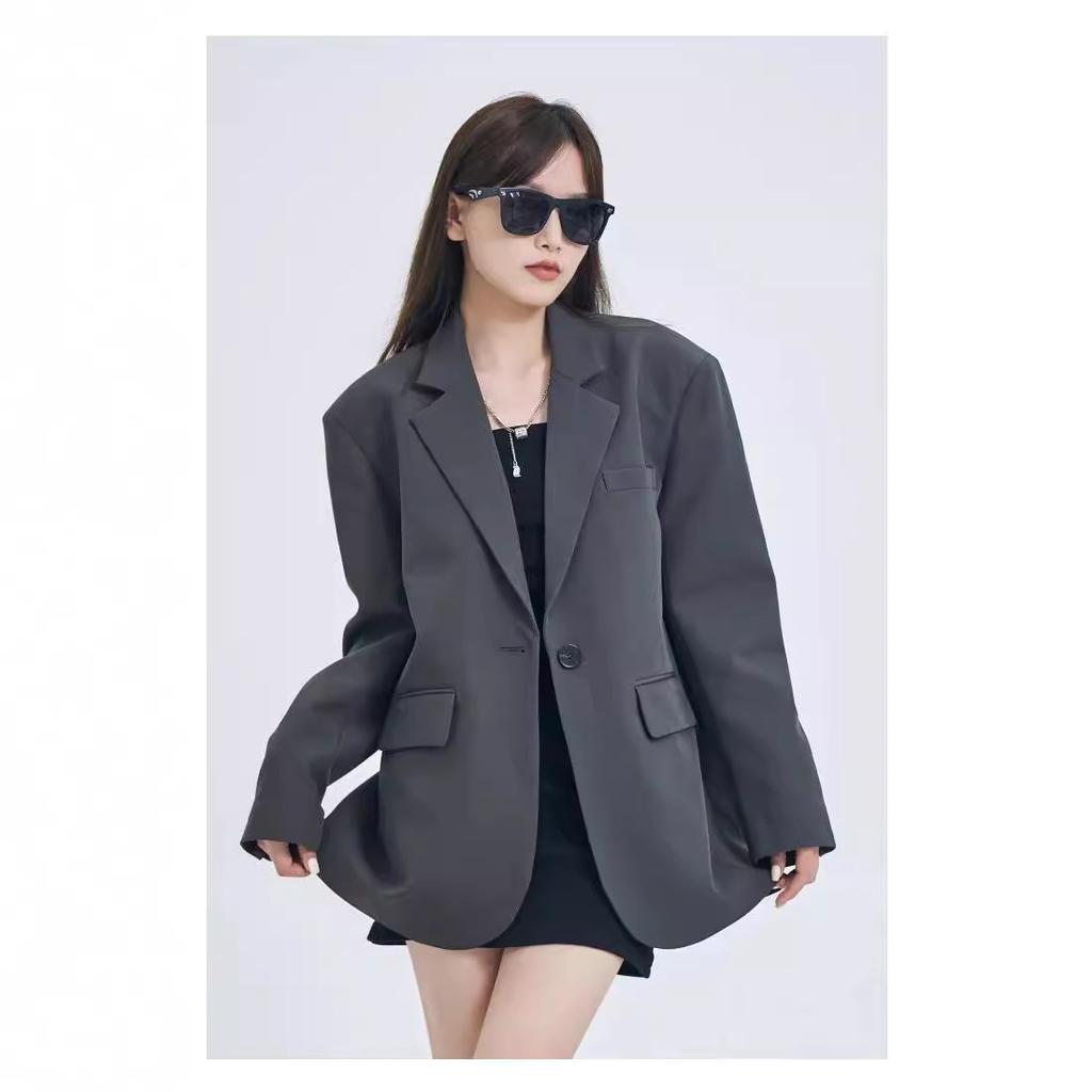 Autumn Winter Solid Color Loose Casual Cardigan Suit Women Simple All-match Blazer Pocket Button Outwear Top