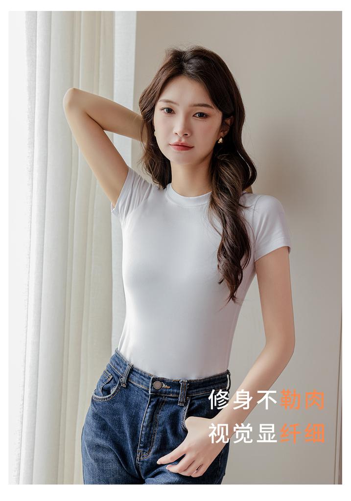 Pure cotton shoulder short sleeved T-shirt for women, slim fit and tight fitting, pure cotton white semi high neck top, solid color JS