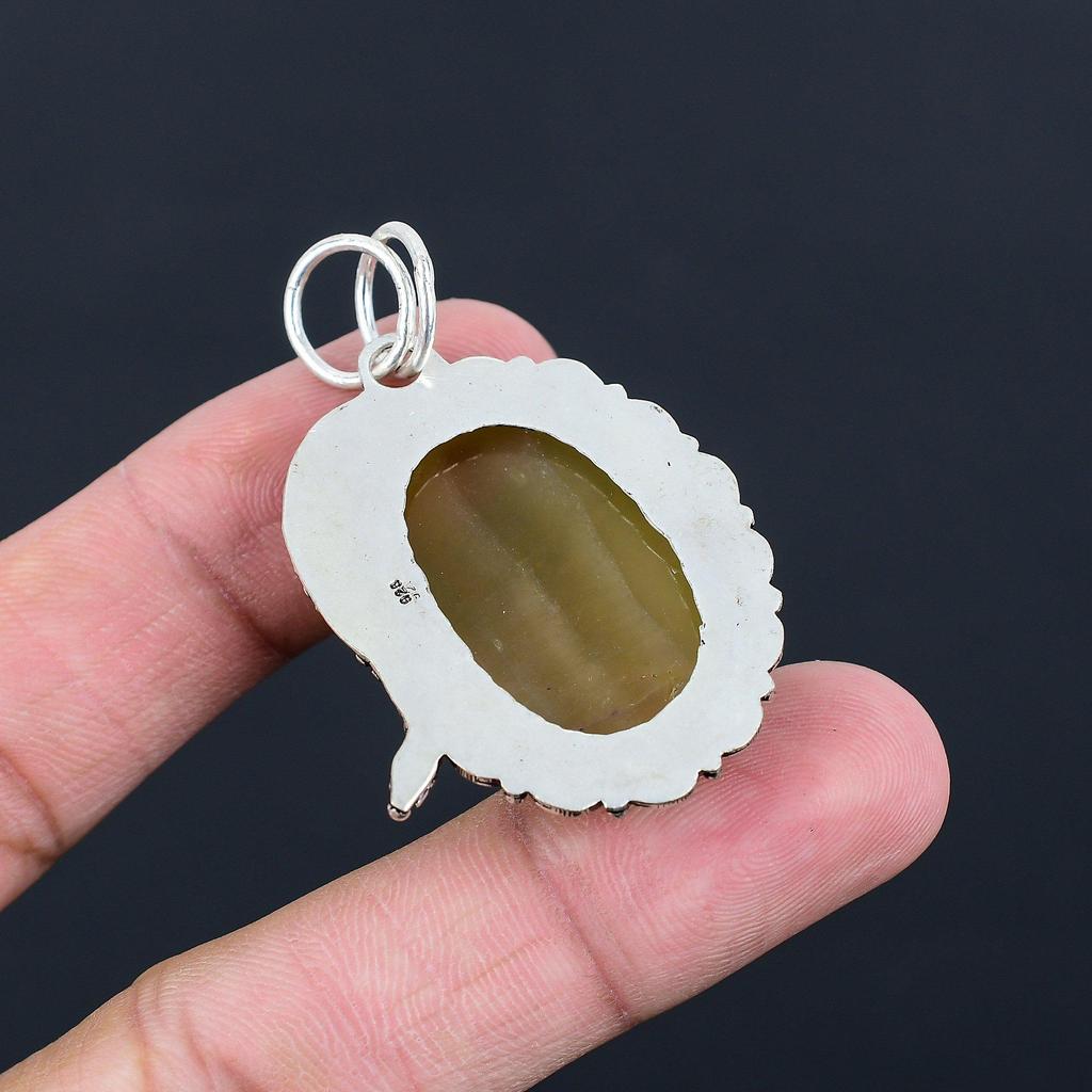 925 Sterling Silver Oval Multi Fluorite Stone Bezel Elegant Handcrafted Pendant