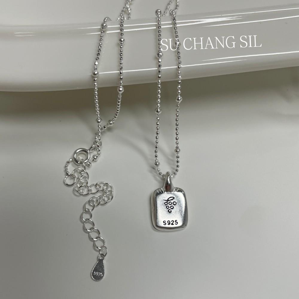 Su Chuang S925 Sterling Silver Grape Square Pendant Necklace with Blue Zirconia for Women, Korean Elegant Design.