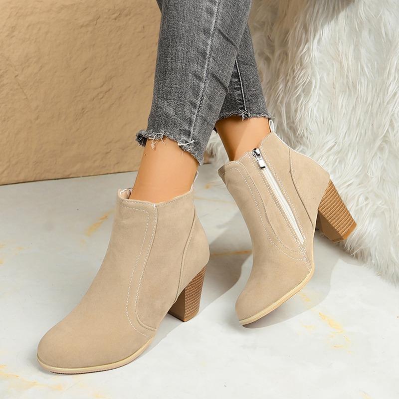 Autumn and Winter New Round Toe Solid Color High Heel Short Tube Side Zipper Fashion Boots Women