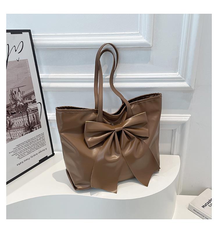 

Large capacity bow casual solid color 225 new texture spring soft surface portable shoulder tote bag коричневий