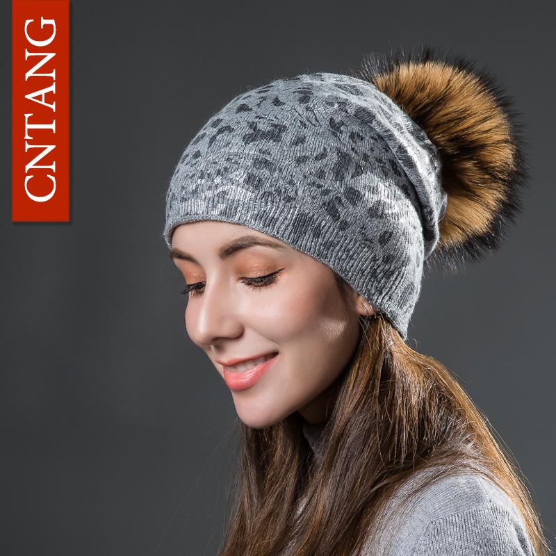Women Winter Warm Hats Fashion Bronzing Leopard Hats with Natural Pompom Fur Caps Female Knitted Wool Hat Raccoon Beanies