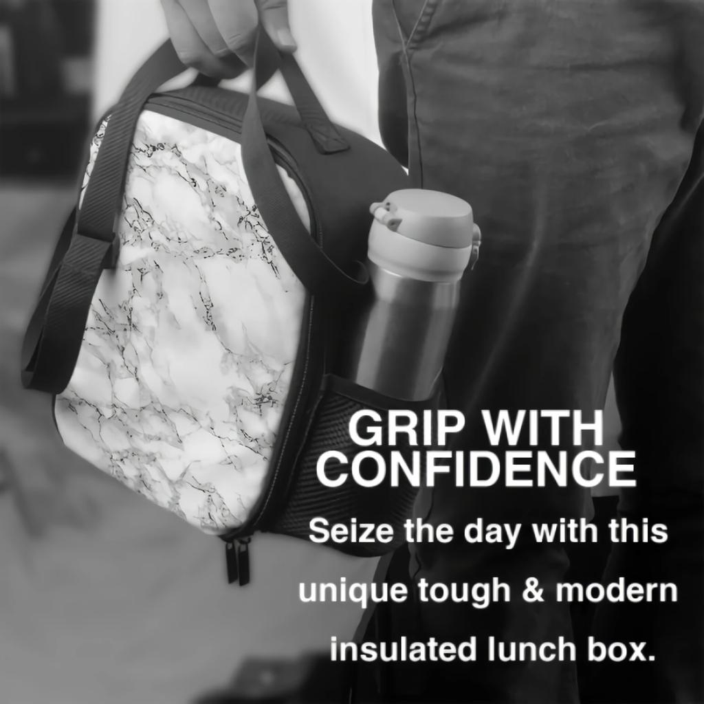 White Marble Print With Black Texture Thermal Lunch Bag for Kids Boys Girls Washable Tote Lunch Container for Work School Travel