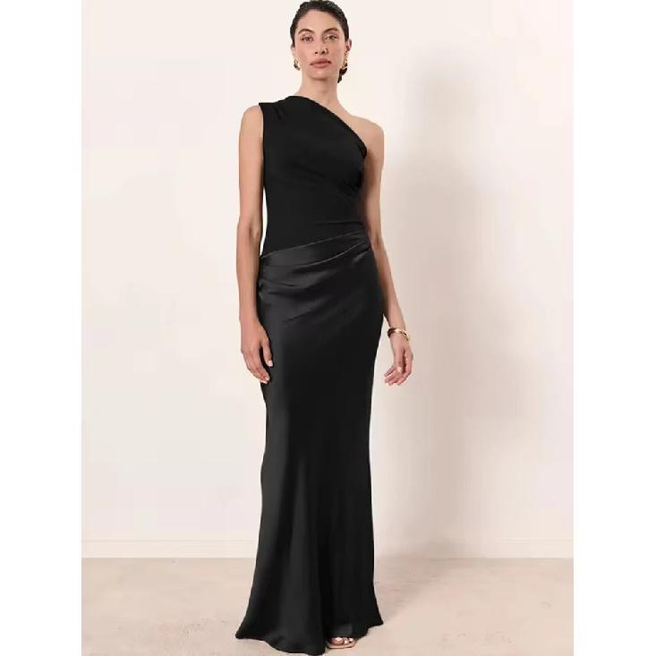 Patchwork Satin Sexy One Shoulder Women Maxi Dress Brown Sleeveless Evening Dress Summer Slim Elegant Party Clubwear S чёрный