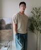 POLYGRAM Textured Striped Henley Neck Short Sleeve Knit - Cream