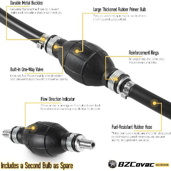 3/8" Fuel Line Assembly, 6FT Nylon Braided Marine Fuel Hose with Primer Bulb and Stainless Clamps, Universal Fuel Line Kit for Outboard Boat Motor,