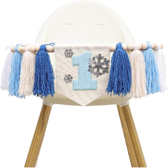 Onederland Yarn Tassel First Birthday Banner - Snowflake 1st High Chair Decor, Winter Wonderland Banner, Blue