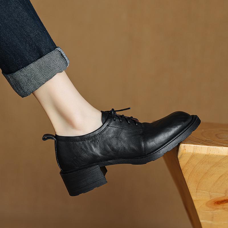 Modă 2025 Pantofi cu toc pentru femei Primăvară Toamnă cu șireturi Vârf rotund Confortabili Concisi Piele naturală Mocasini Pantofi Femeie Pantofi casual de lucru