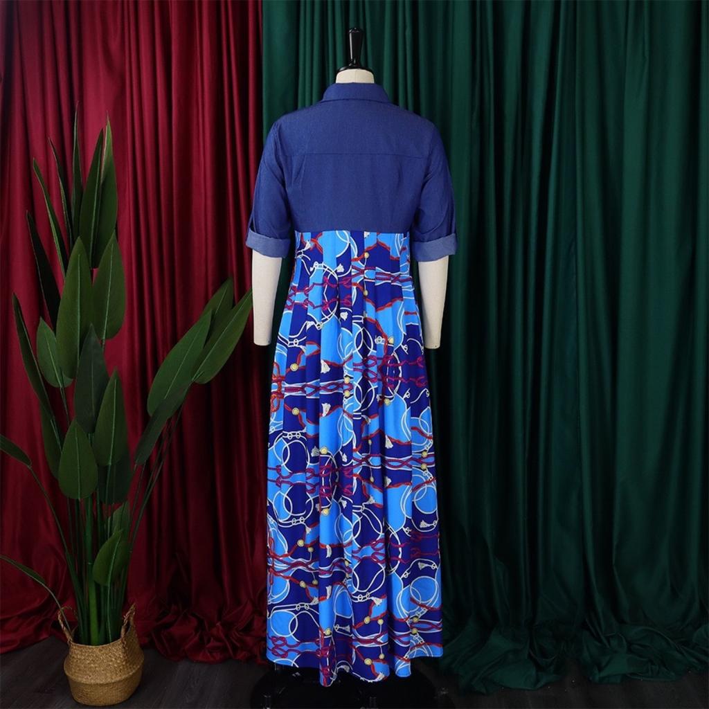 LYRIA Women Long Sleeve Printing Red Blue Long Dress Maxi Dress