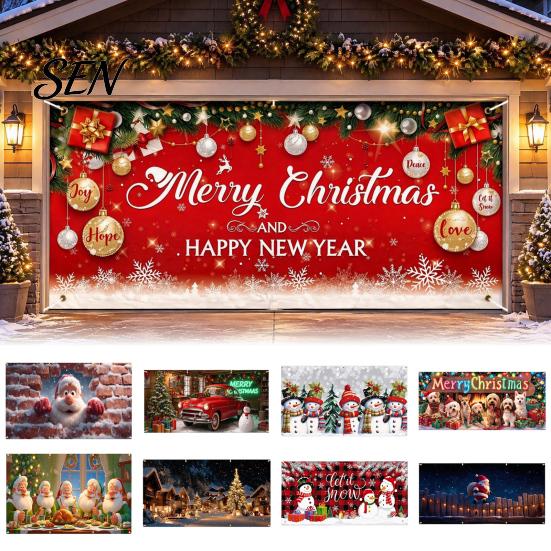 Outdoor Winter Party Supplies Christmas Garage Door Cover, Holiday Hanging Banner Backdrop, Decoration Santa Claus Snowman Truck Photography