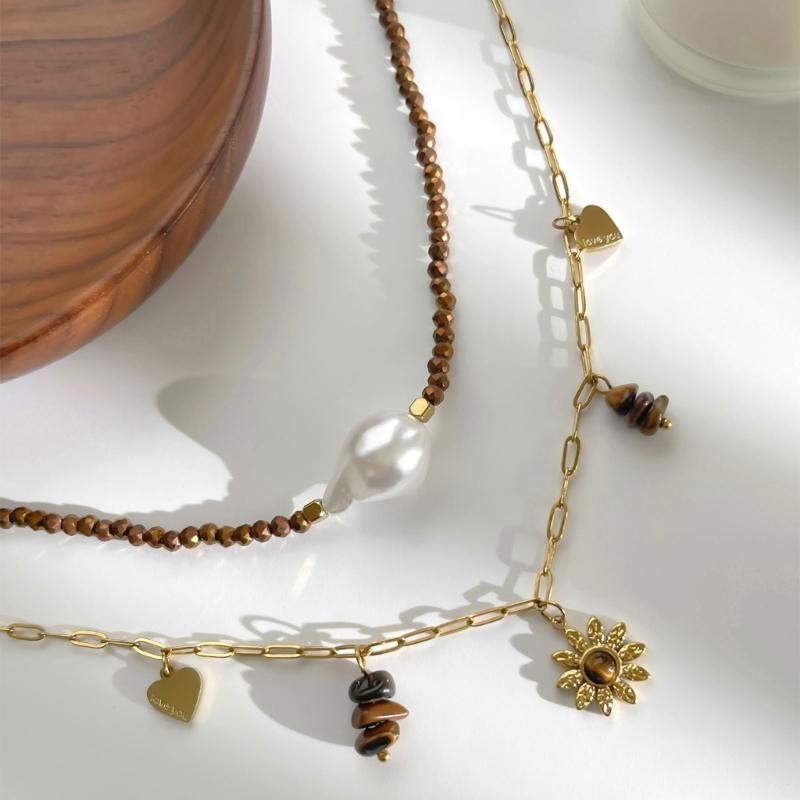 Pack of 2 Chic Stackable Flower Necklaces with Stainless Steel Chain and Simulated Pearls for Fashionable Look